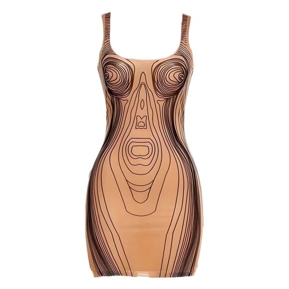 Shane Justin Tan Black Illusion Line Drawing Bodycon Dress Size S NWT - Picture 1 of 4